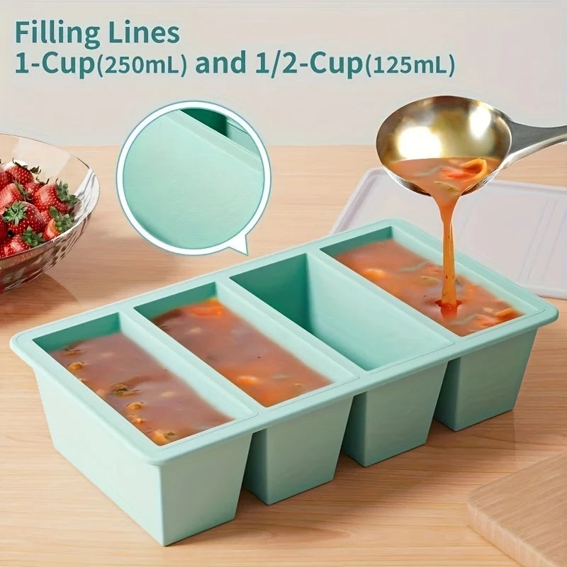 1Pc Silicone Freezer Tray with Lid - Durable Kitchen Storage for Soup, Broth & Sauces - Stackable Food Prep Container