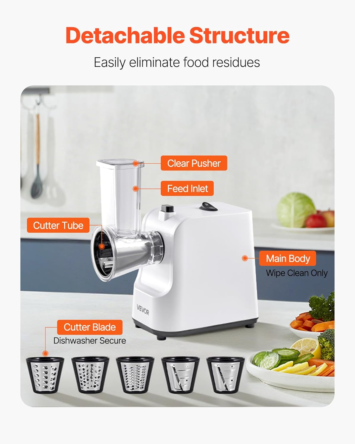Electric Cheese Grater Salad Maker, 200W Salad Shooter, Electric Vegetable Slicer Shredder Chopper for Fruits with 5 Attachments, Stainless Steel Food Cutter for Vegetables, and Cheeses