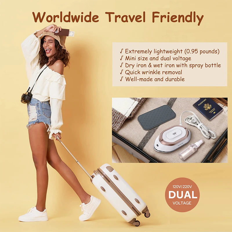 Travel Iron with Dual Voltage 120V/220V Handheld Mini Dry Iron for Clothes No Steam Non-Stick Ceramic Soleplate 30S Fast Heat