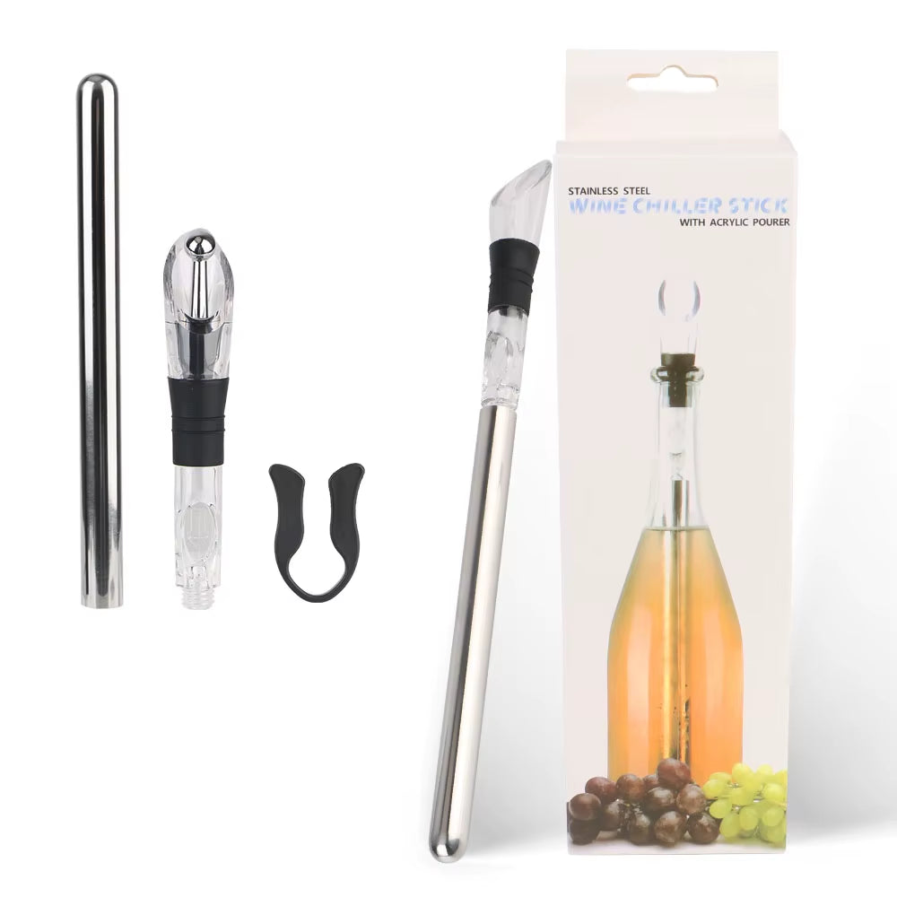 Chill in Style: 4-in-1 Stainless Steel Ice Wine Cooler Set with Pourer, Stopper, and Cutter