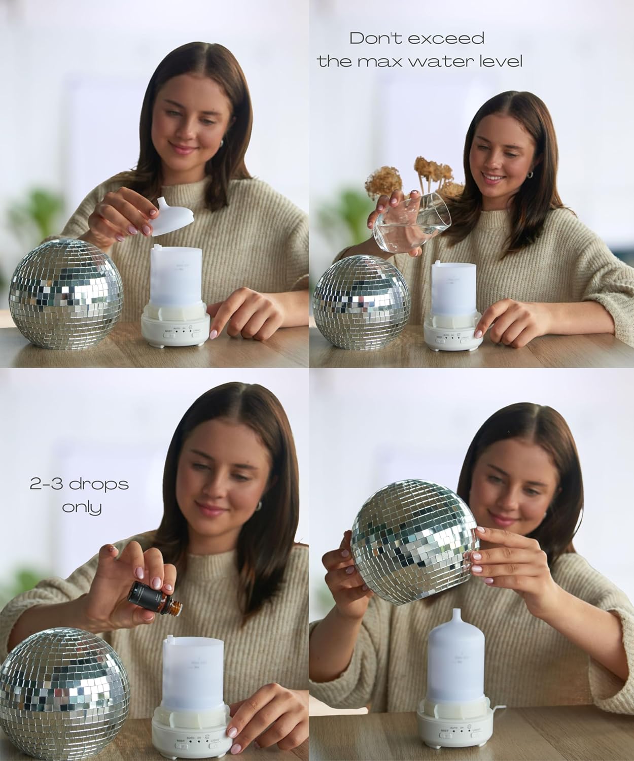 Mirror Ball Diffuser – Reflective Disco Ball Essential Oil Diffuser Spinning with 14 Color-Changing Night Lights | Misting Modes & Timer Modes | Cute Disco Ball Diffuser for Home