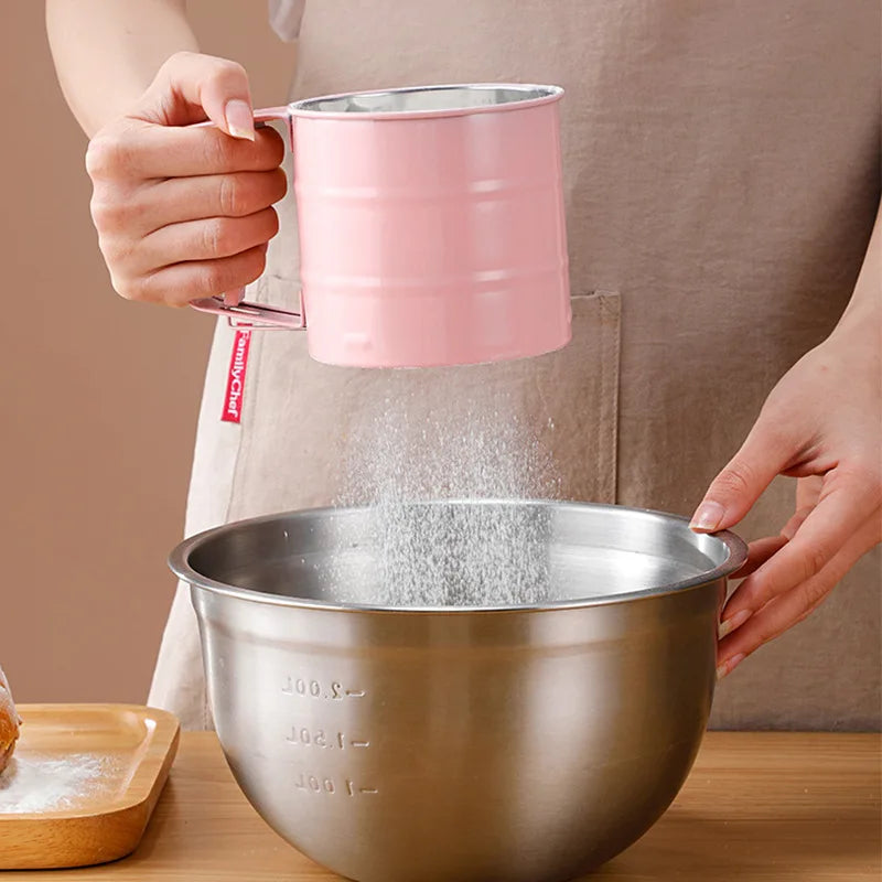 Stainless Steel Flour Sieve Handheld Semiautomatic Flour Sieve Hand Pressed Flour Sieve Sugar Sieve Baking Tool Flour Sieve